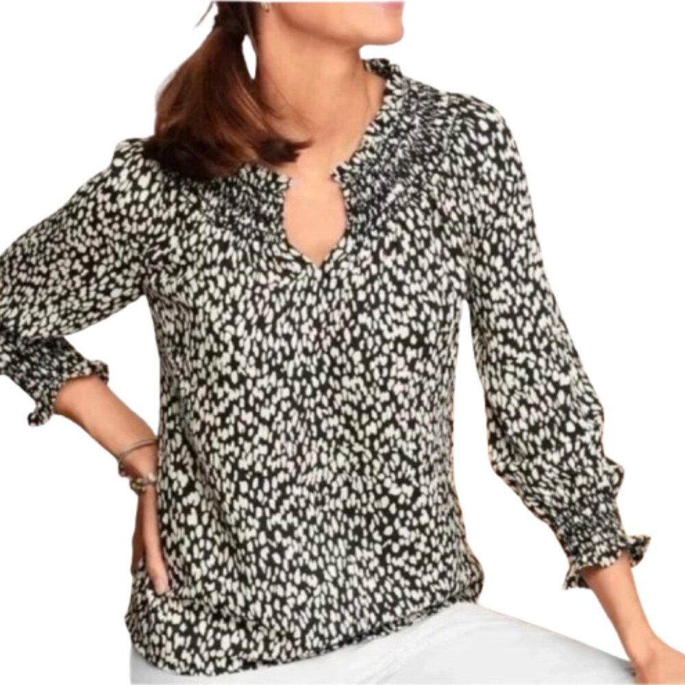 Talbots Smocked Ruffled Blouse Flowy Abstract Animal Print, 3/4 Sleeve, sz MP